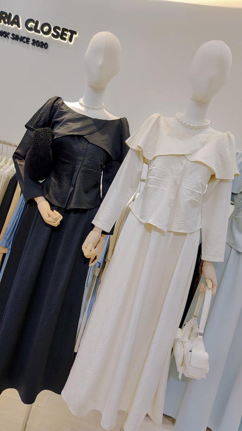 Wide Boat Neck Draped Tops With Skirts